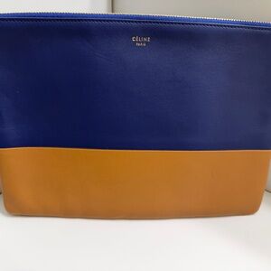Celine Bi-Color Solo Clutch in blue and tan leather.